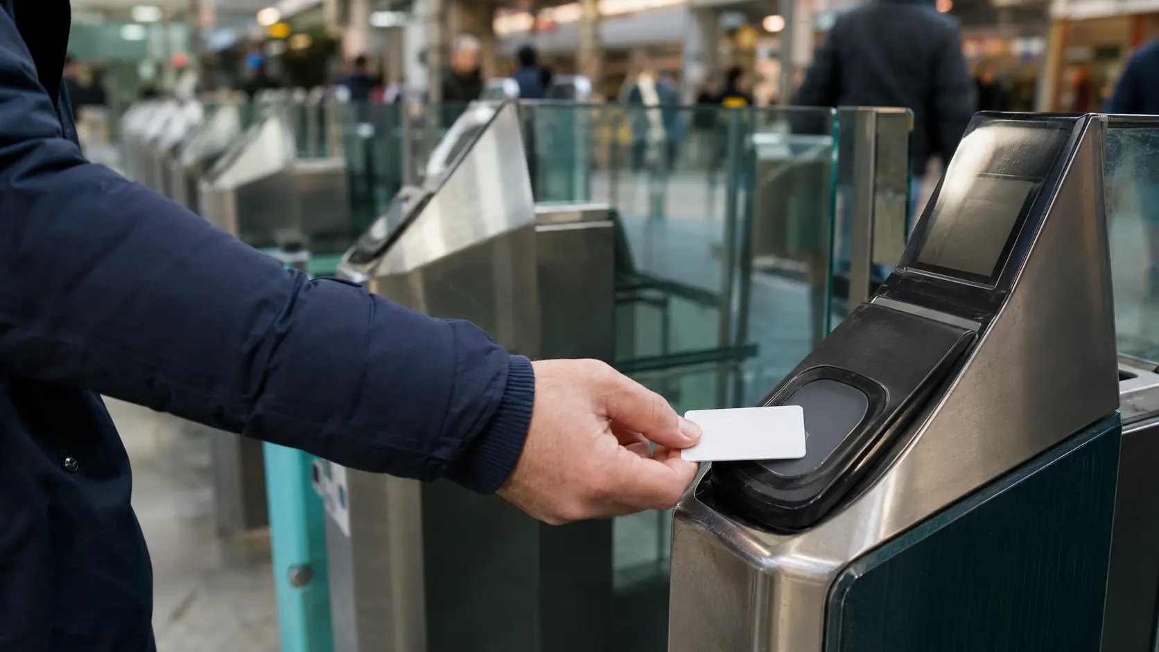 A traveler using an unbranded contactless payment method at a transit gate.