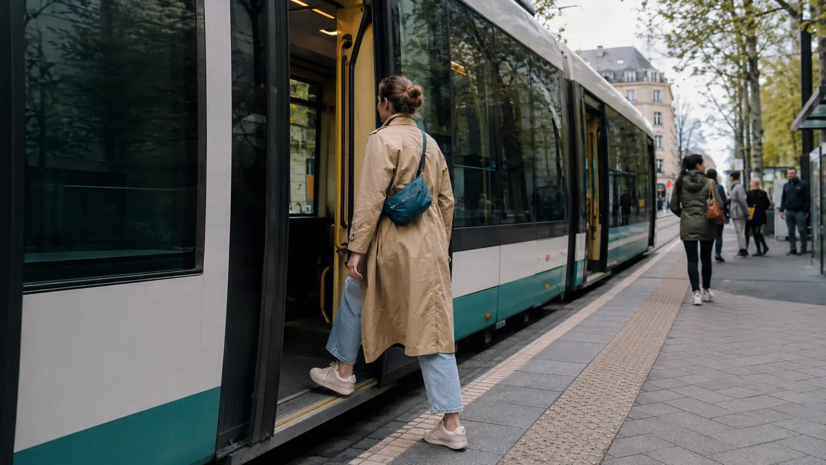A traveler boarding a modern city tram.
