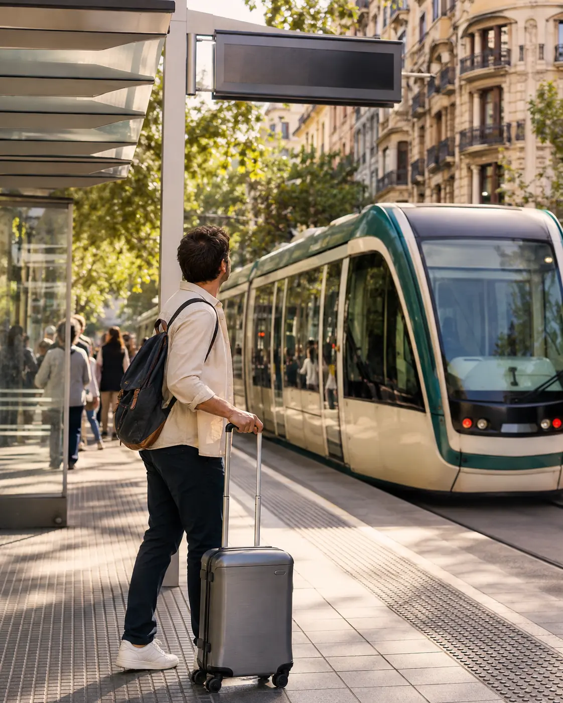 A traveler waiting beside a modern tram in Barcelona.