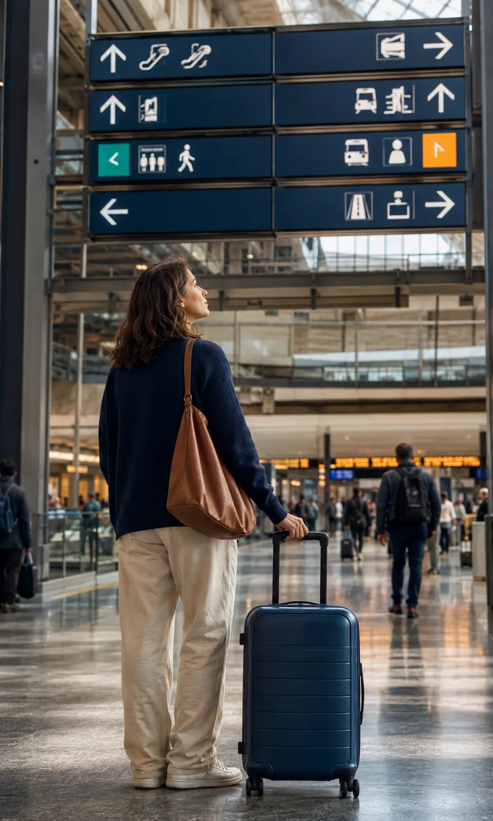 A traveler reviewing wayfinding signs inside a public transport station.