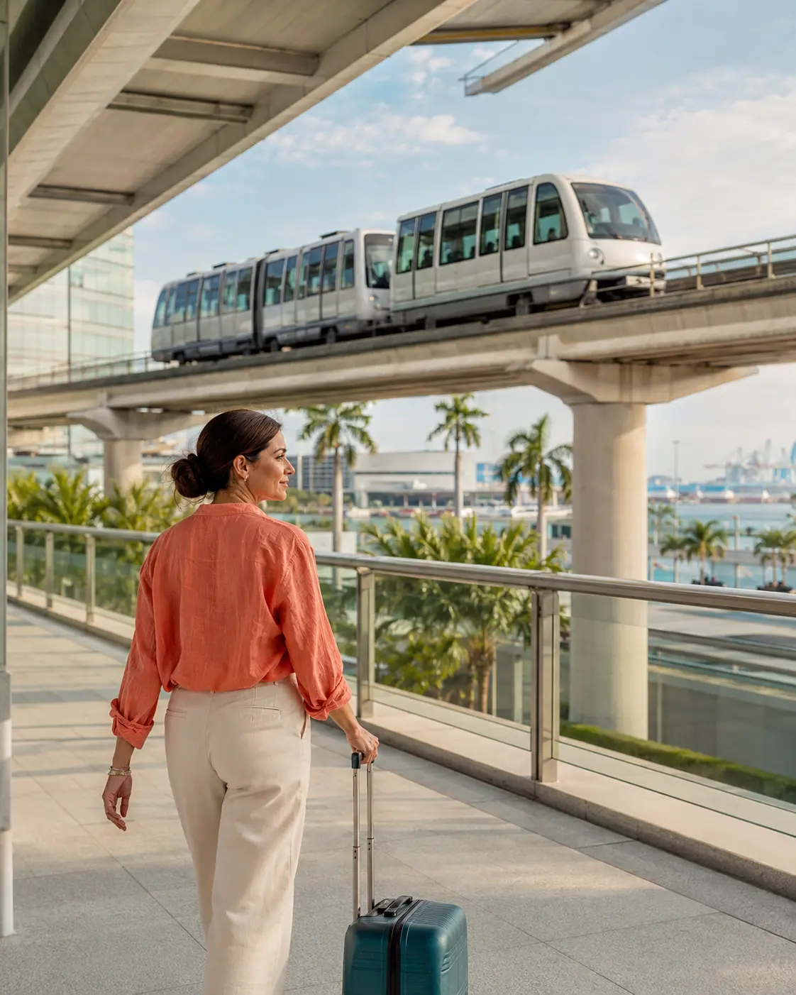 A traveler moving between Miami city and port transportation