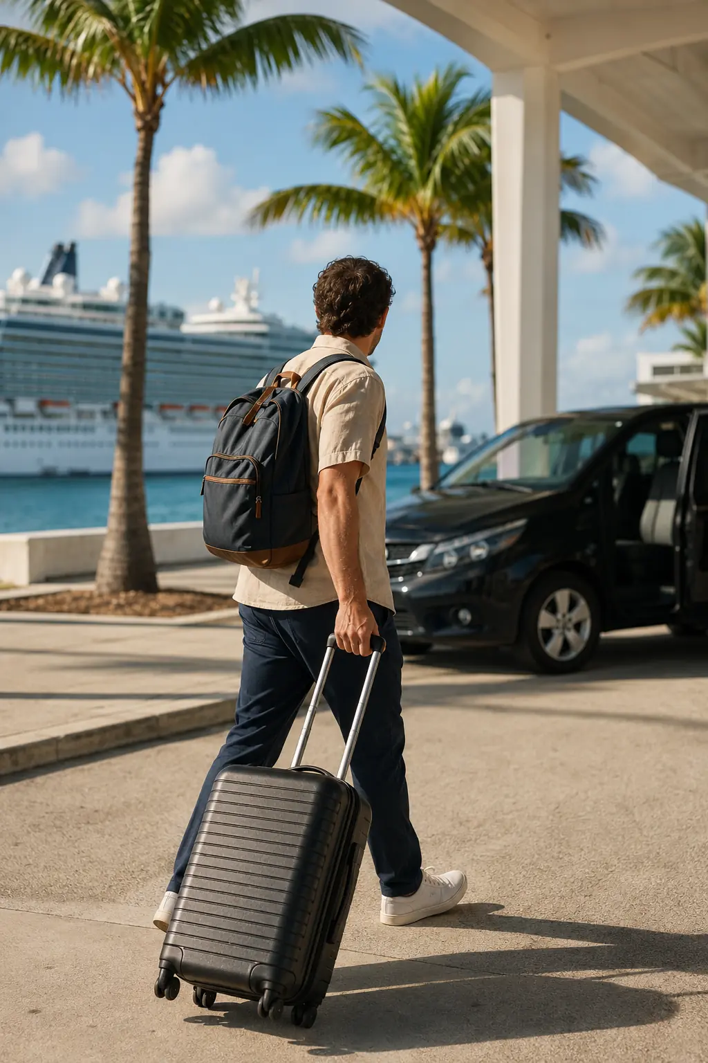 Traveler pulling a suitcase beside a vehicle with a cruise ship in the background at PortMiami