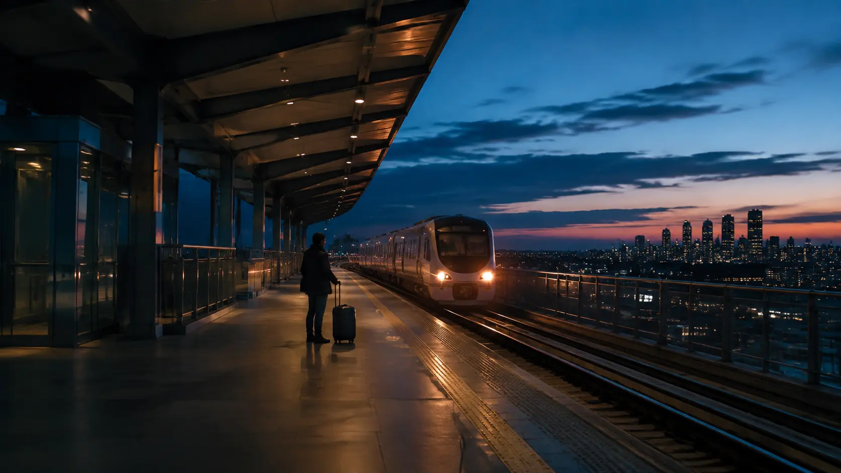 A traveler with luggage waiting beside an arriving train at dusk