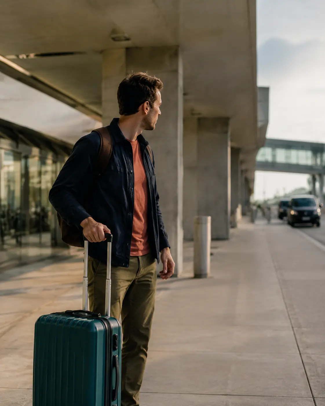 Traveler with rolling suitcase at an airport arrivals curb