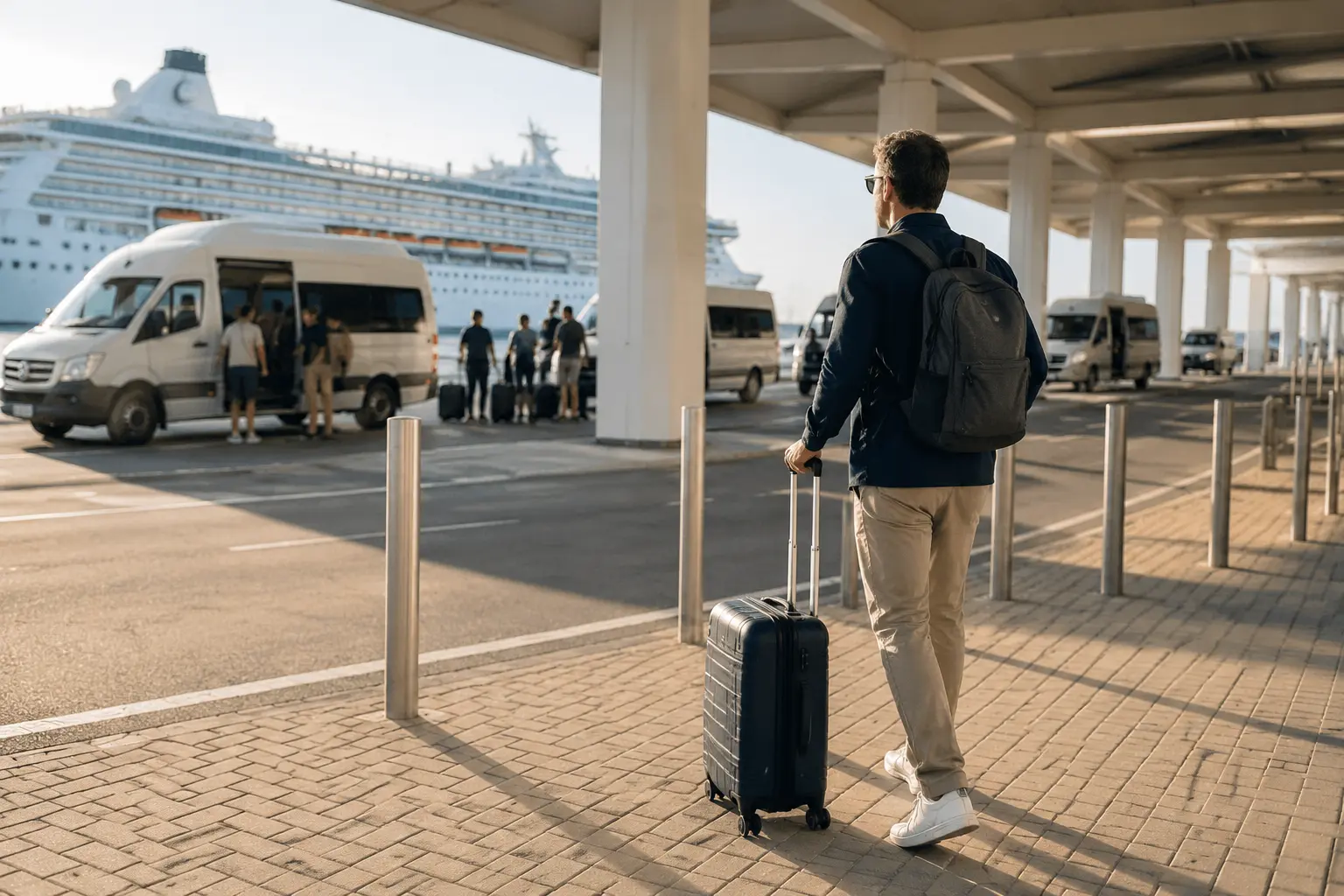 Traveler with luggage at a cruise-terminal ground-transport pickup area