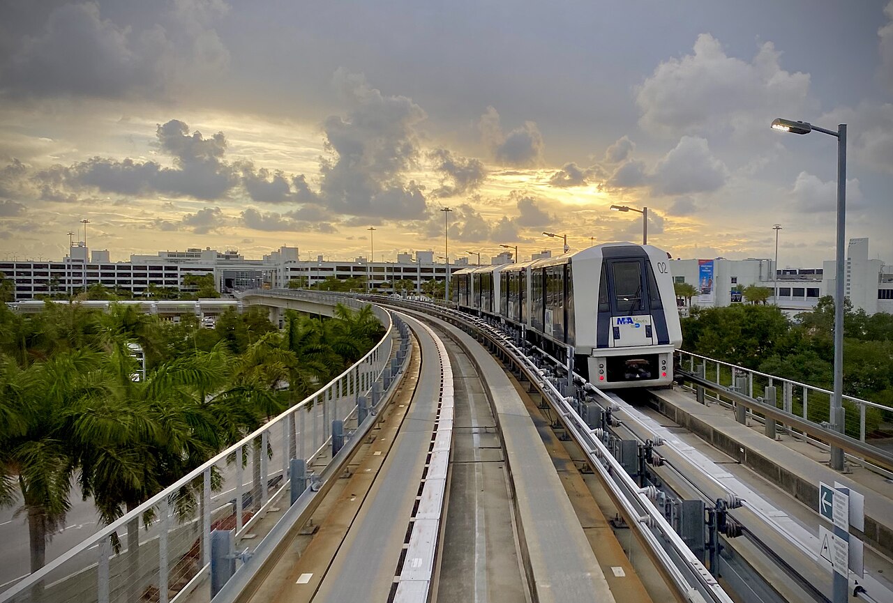 MIA Mover train on an elevated guideway at Miami International Airport.