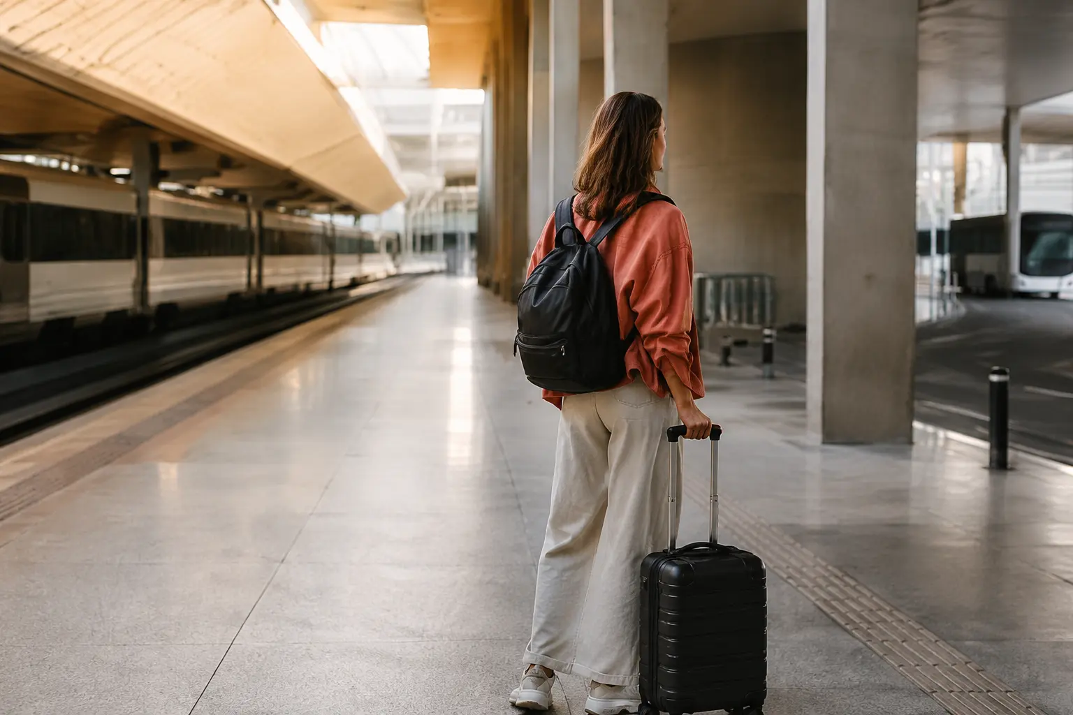Traveler with rolling luggage at a multimodal transport interchange.