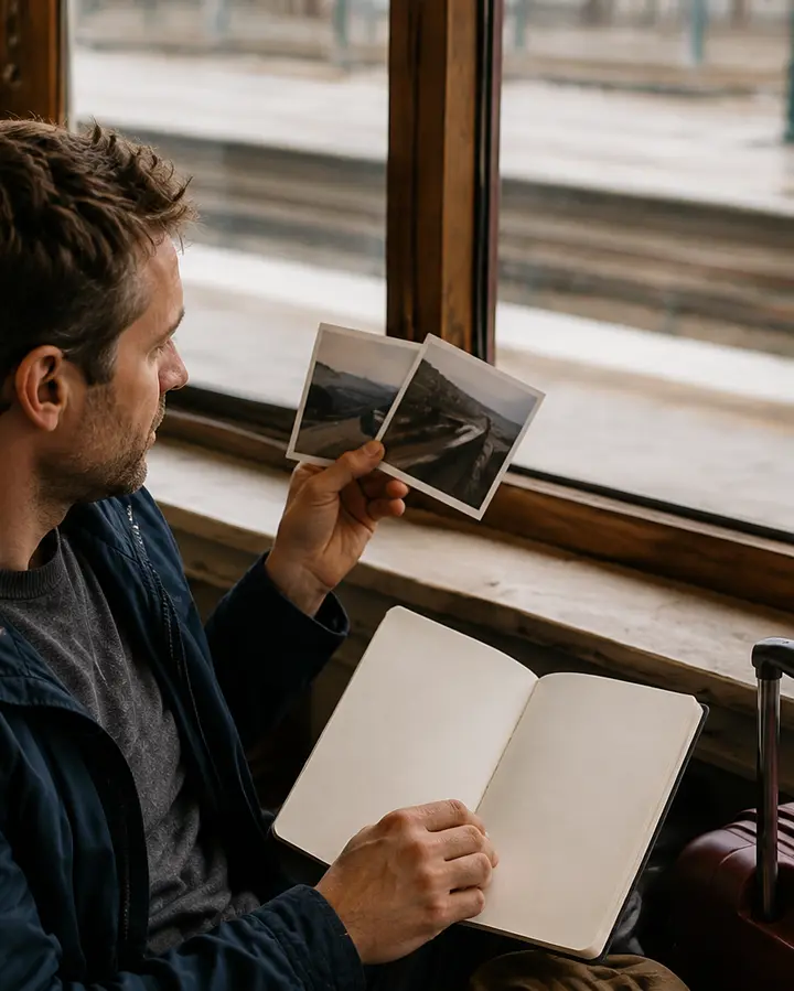 Traveler comparing transportation research beside a station window.